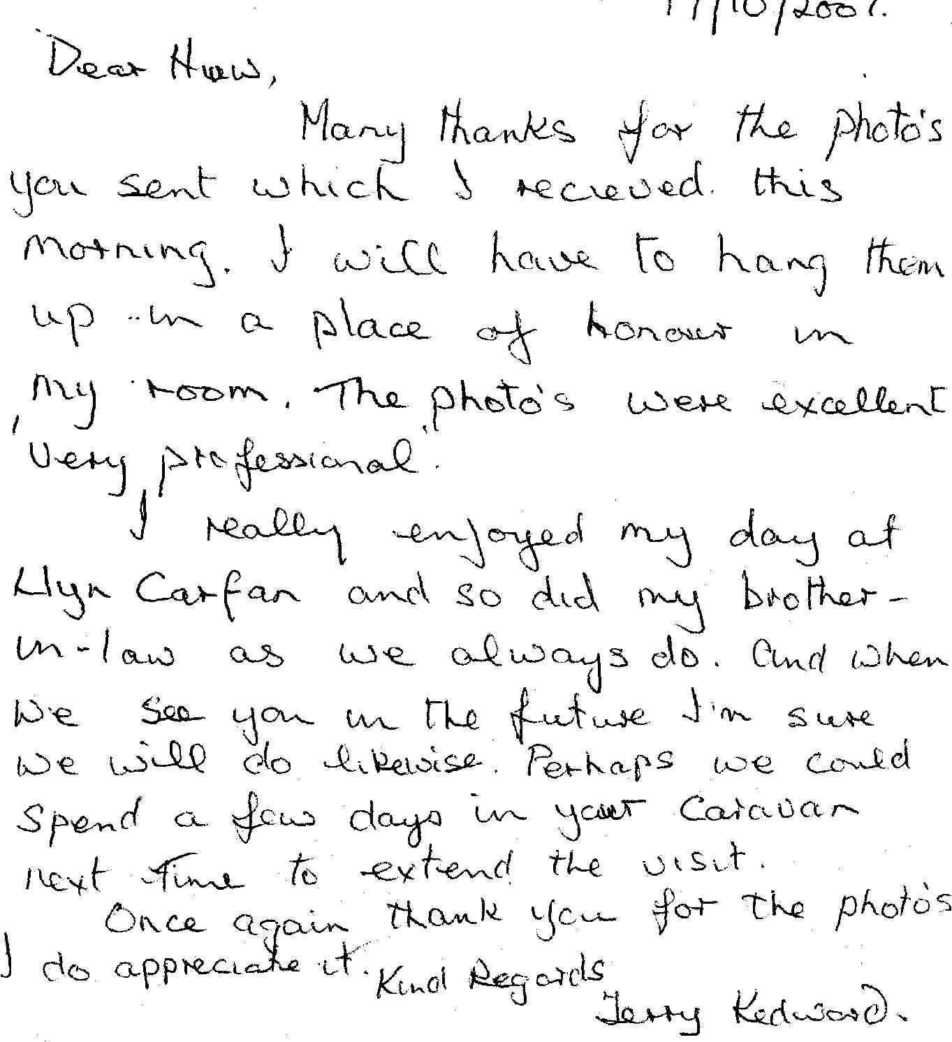 A thank you letter from a very happy customer to Llyn Carfan